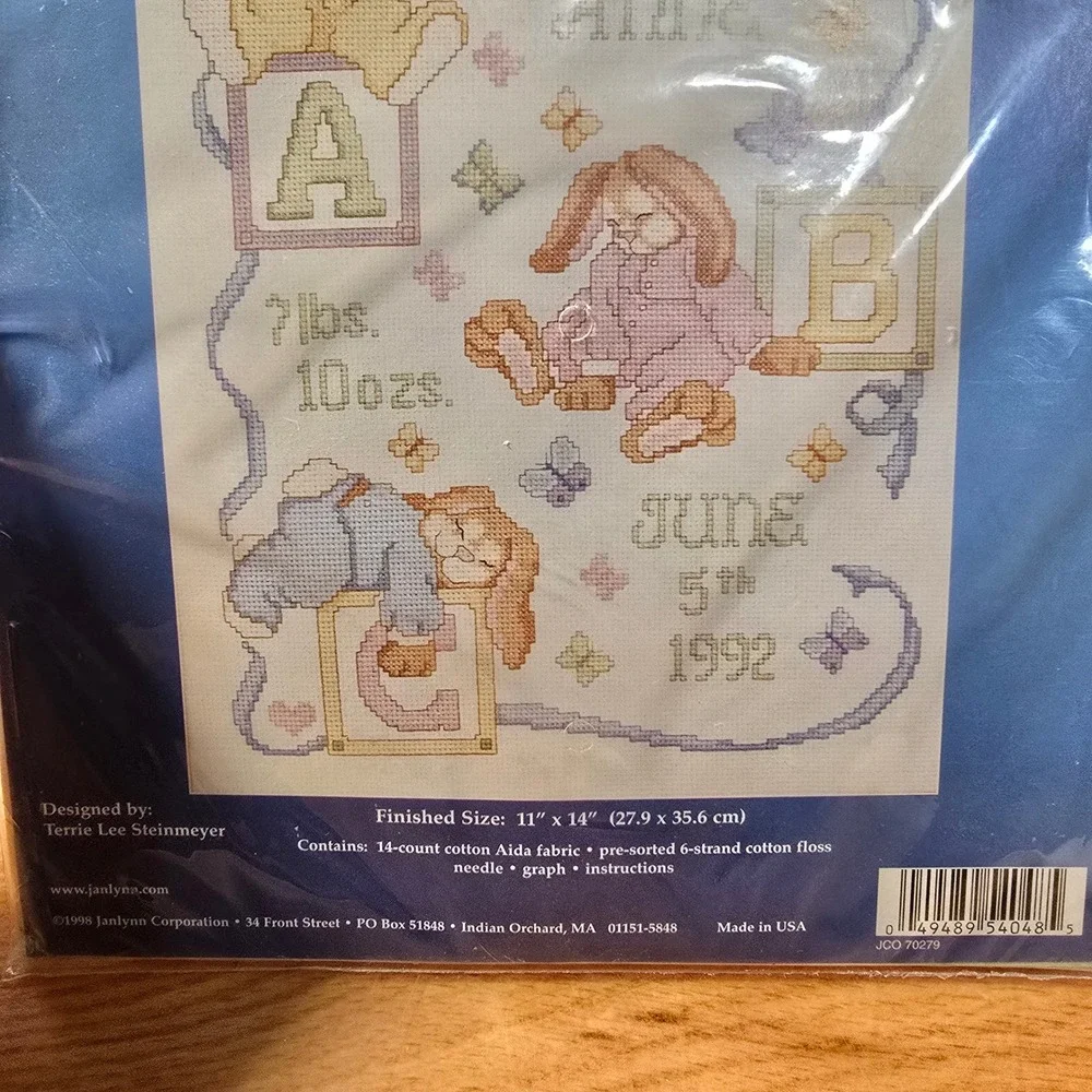 Janlynn Sleepy Bunnies Birth Sampler Counted Cross Stitch Kit 54-48 Vintage 1998